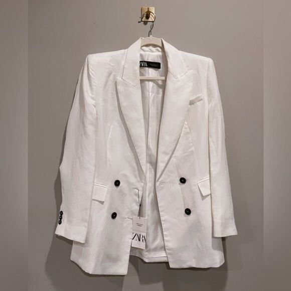 Zara White Linen Blend Double Breasted Blazer XS NWT - Picture 8 of 8